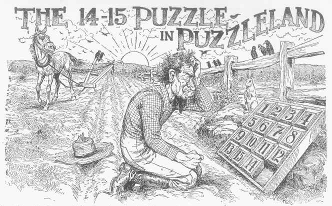 Ilustración sobre el puzzle de 15 de Sam Loyd en el libro Cyclopedia of 5000 Puzzles (1914)