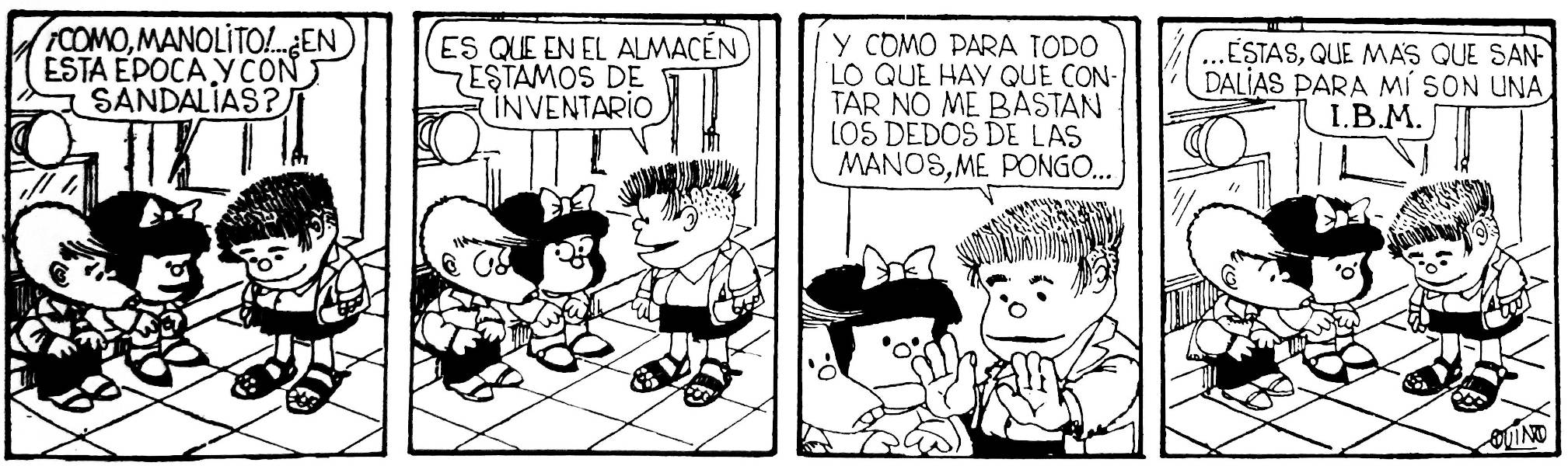 Tira de Mafalda con Manolito con sandalias, que usa poder para contar con más dedos.