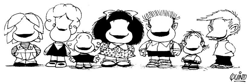 Personajes de Mafalda con la cara borrada para hacerse fotos como si fueran ellos