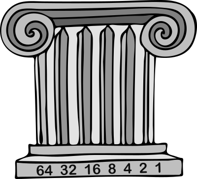 Dibujo de una columna griega con la secuencia de números'64 32 16 8 4 2 1' en la base