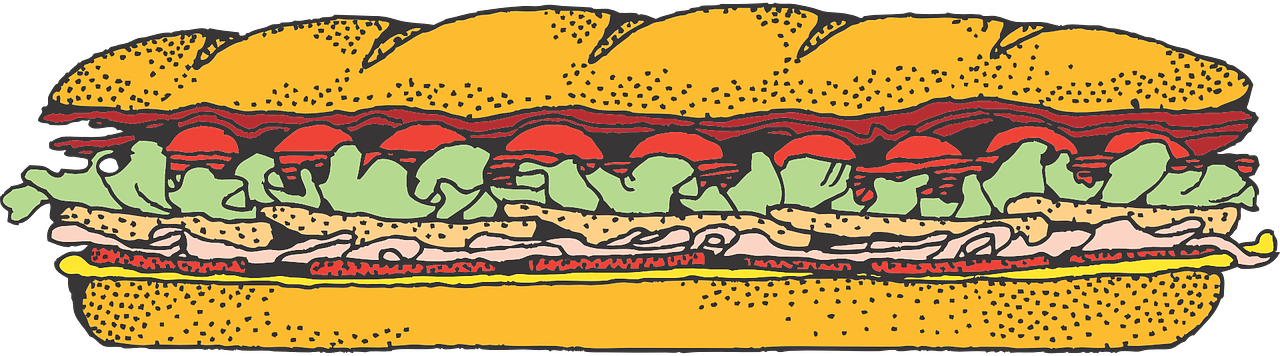 Ilustración de un gran bocadillo visto de lado con mucho relleno