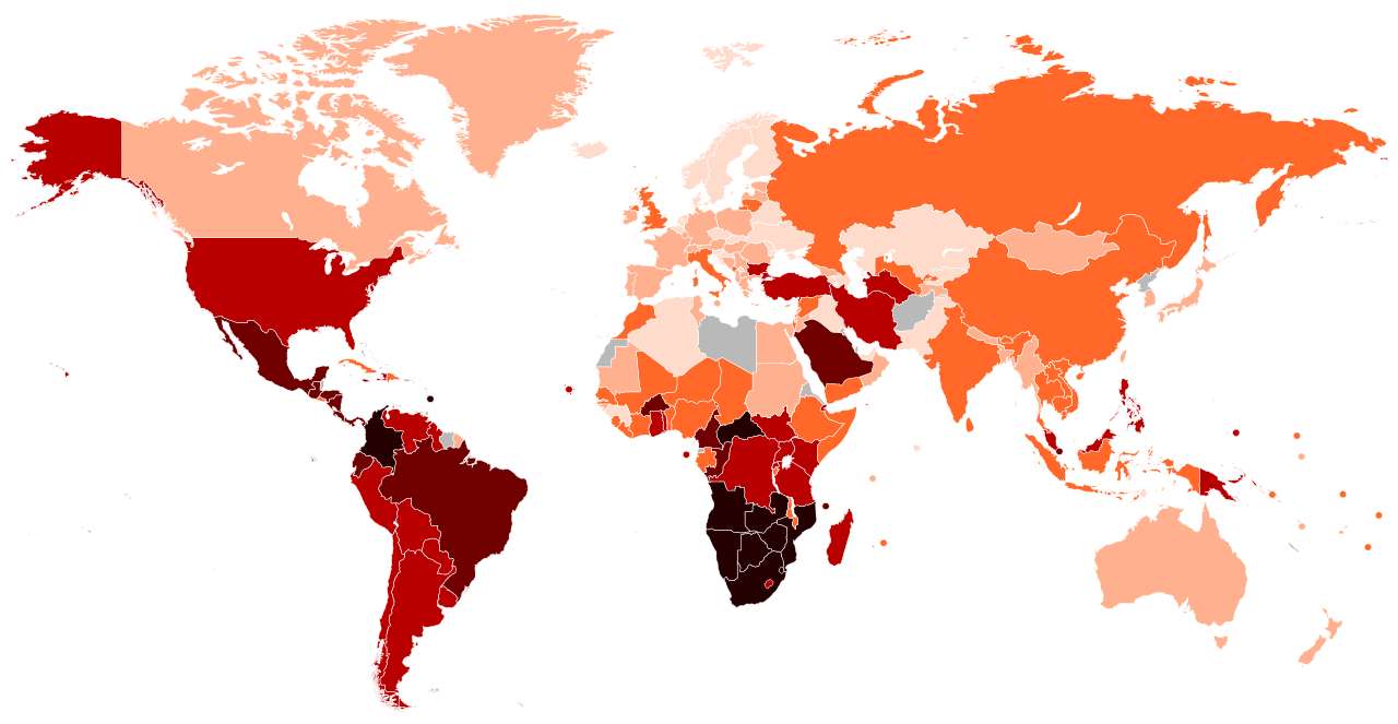 Índice de Gini en distintos países con los datos conocidos entre 1990 y 2020