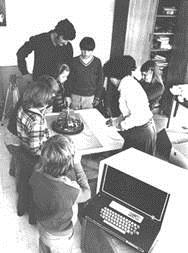 Primary school class in Hobart working with the robot turtle and Sandra Wills, 1977